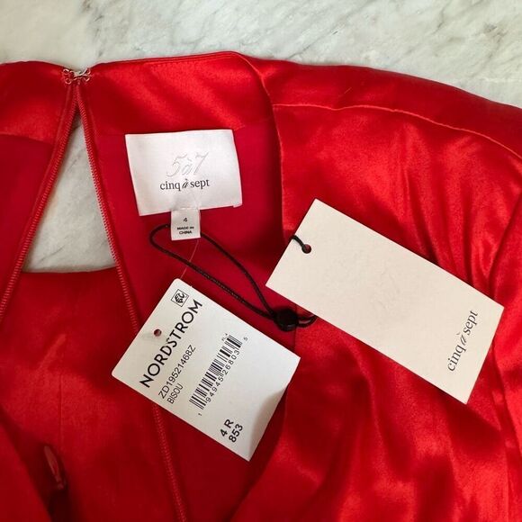 Cinq a Sept Serena 100% Silk Dress long sleeve faux wrap in red orange sz 4 NWT - Picture 7 of 14